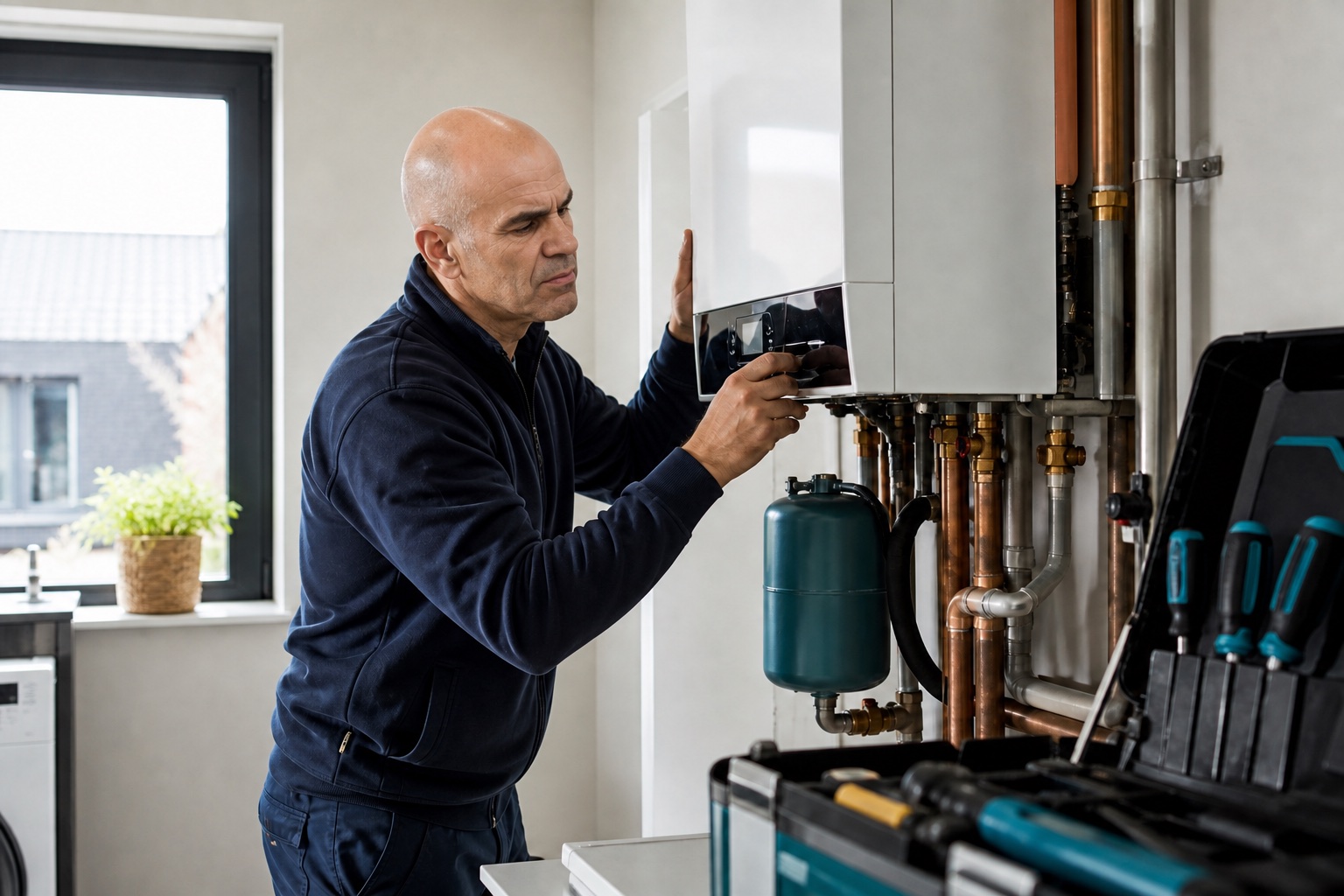 Installateur controleert een moderne cv-installatie